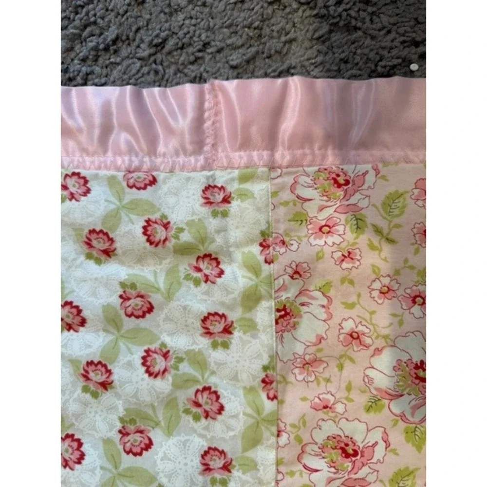 Handmade Floral Patchwork Baby Blanket Pink Satin Trim Cottagecore 52X41 Quilt